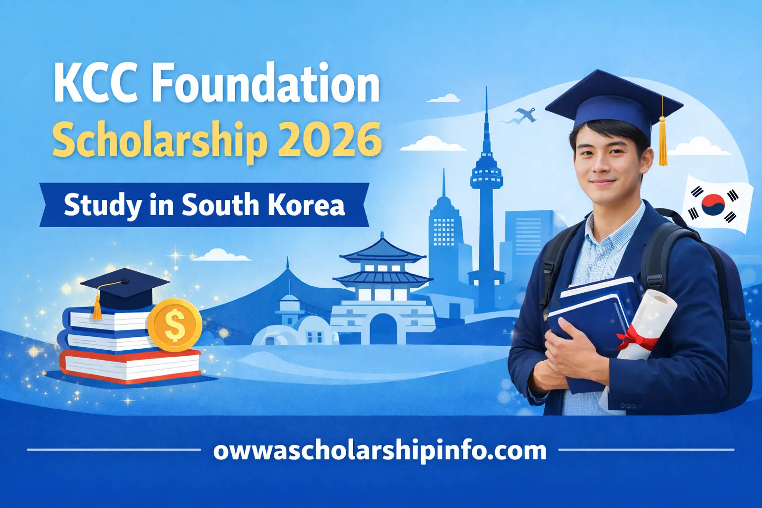 KCC Foundation Scholarship 2026 featured image showing an international student, South Korea skyline, and study abroad scholarship opportunity