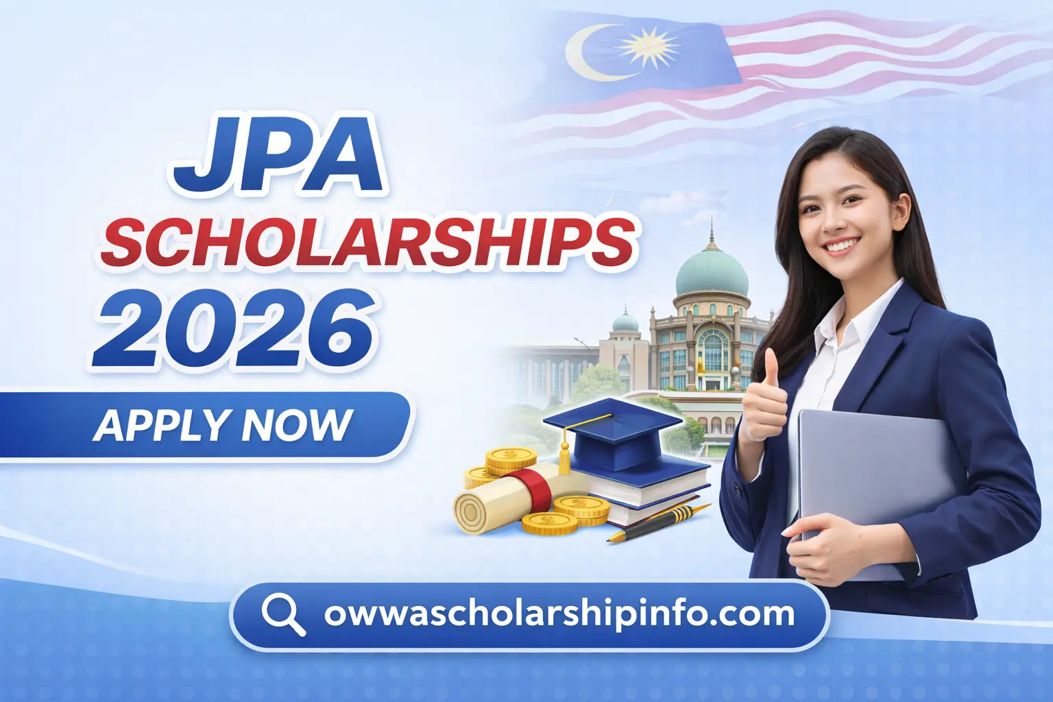JPA Scholarships 2026 featured thumbnail showing Malaysian government scholarship program with student and apply now banner