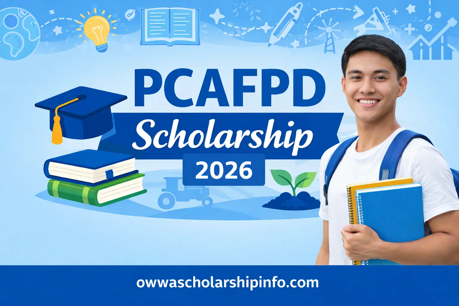 PCAFPD Scholarship 2026 featured image showing a Filipino student with books and education icons