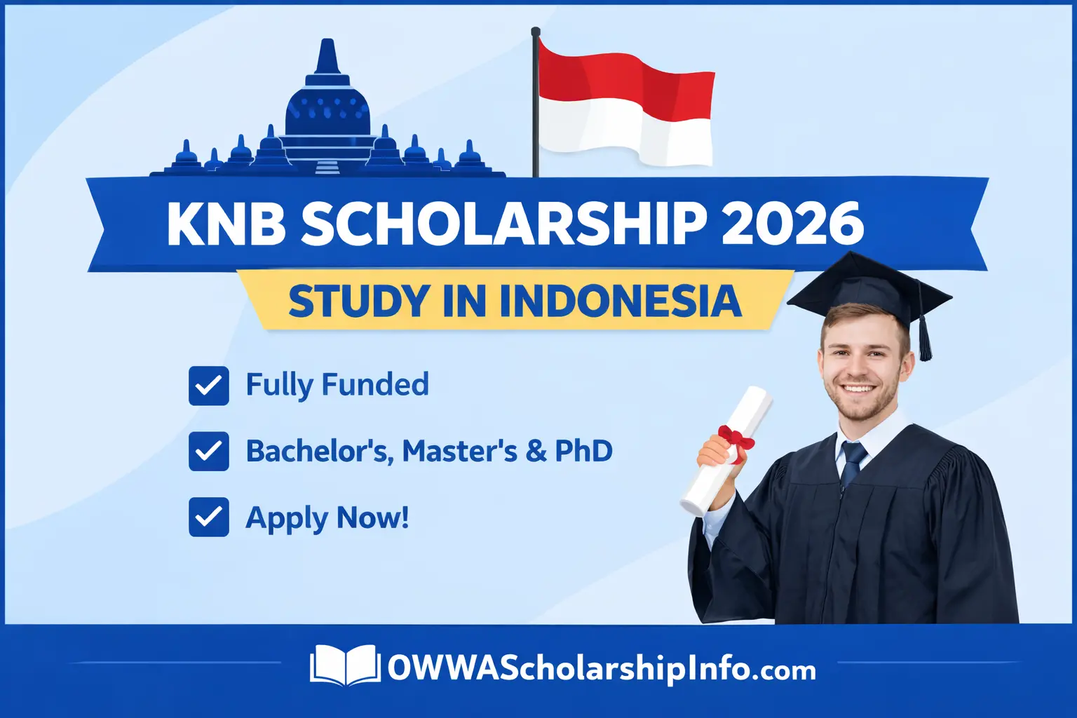KNB Scholarship 2026 fully funded Indonesian government scholarship thumbnail with graduate student and study in Indonesia